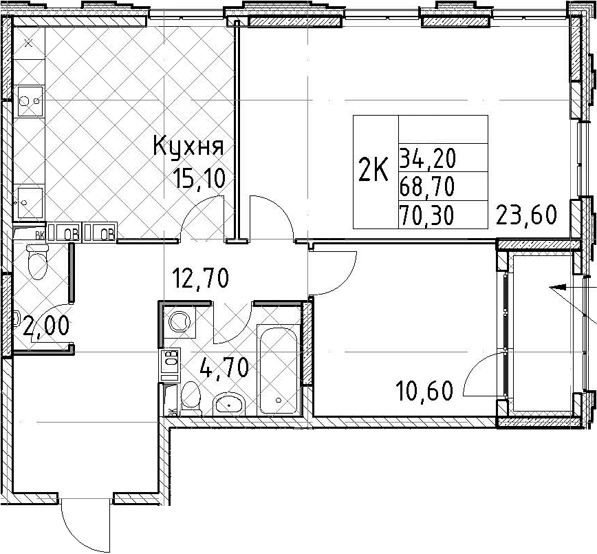 2-комнатная квартира 70.3 м², 2/13 эт., ЖК «Тайм Сквер»